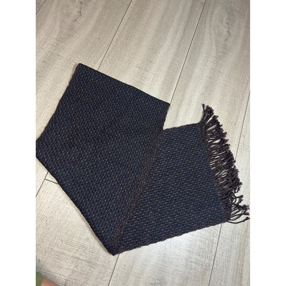 Peruvian Connection 100% Alpaca Scarf Navy Green Brown Basketweave Knit Fringe